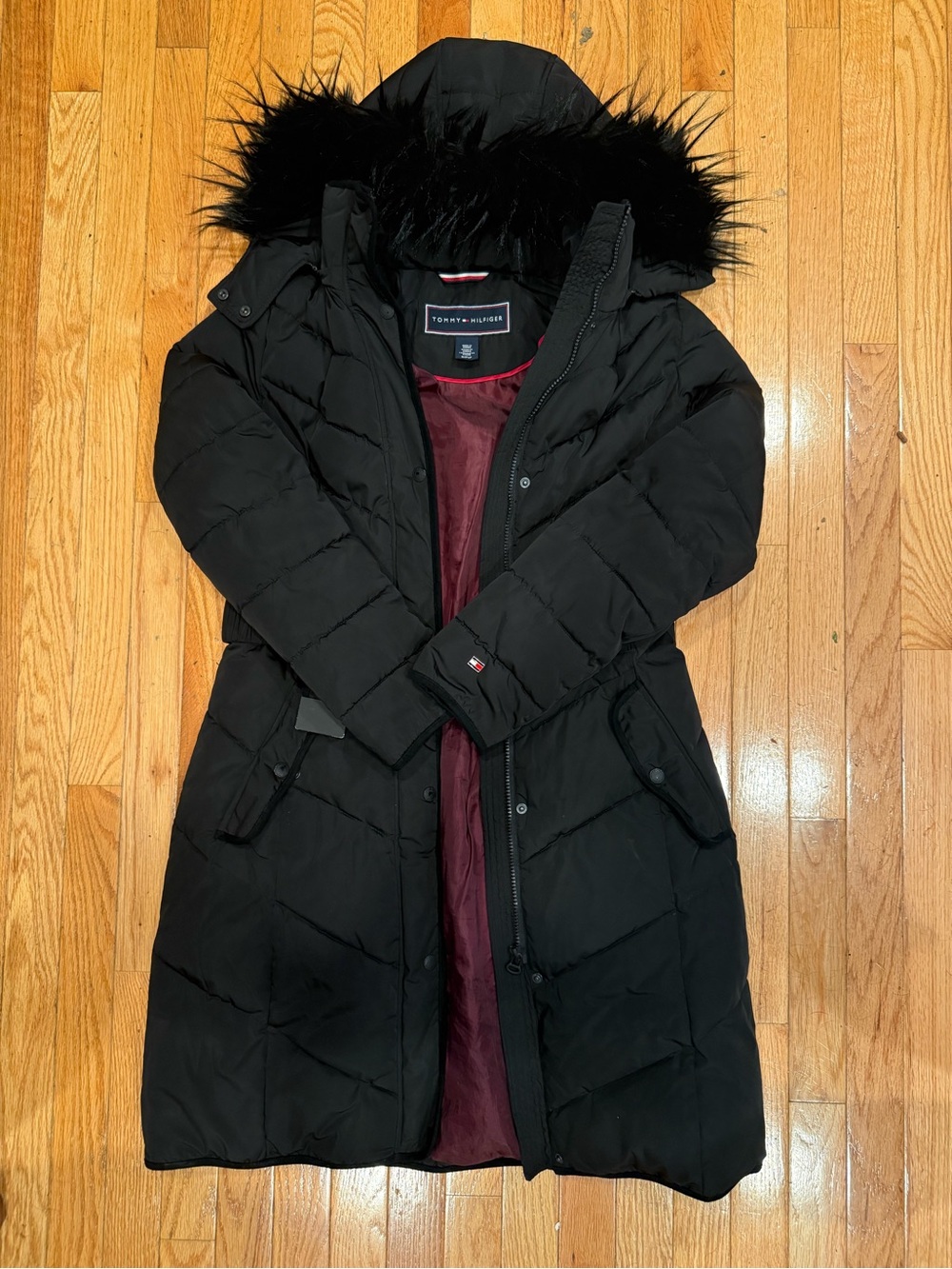 Tommy Hilfiger Black Quilted Long Hooded Puffer Coat with Faux Fur Trim